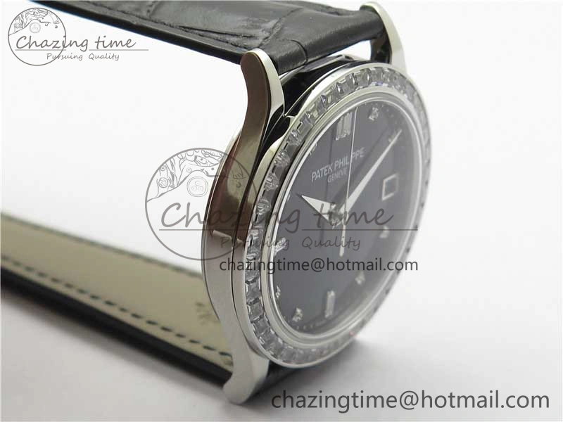 Calatrava 5298P-012 SS T Diamonds Bezel ZF 1:1 Best Edition Black Dial on Black Leather Strap A324CS