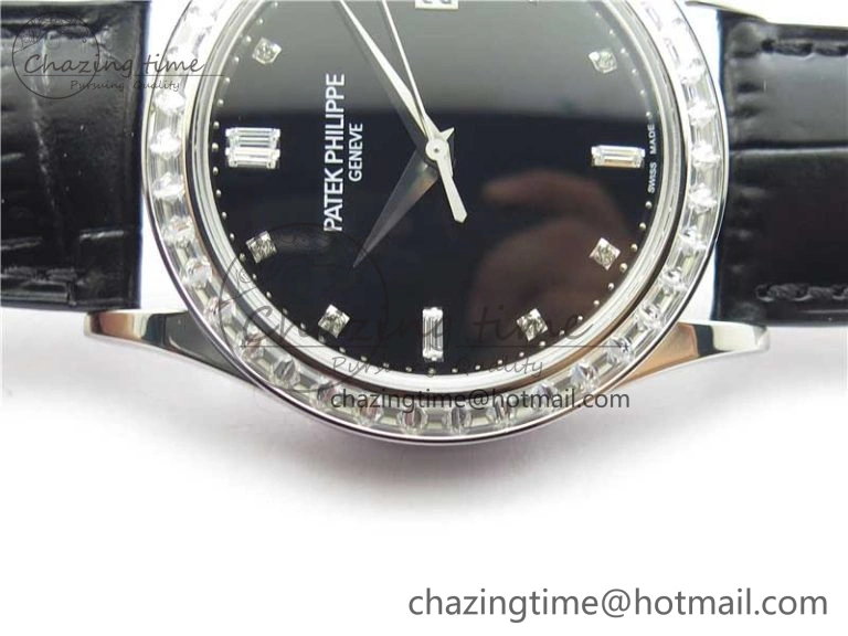 Calatrava 5298P-012 SS T Diamonds Bezel ZF 1:1 Best Edition Black Dial on Black Leather Strap A324CS