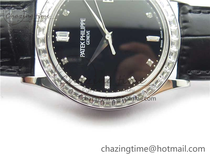Calatrava 5298P-012 SS T Diamonds Bezel ZF 1:1 Best Edition Black Dial on Black Leather Strap A324CS