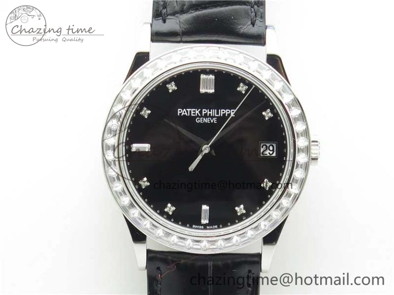 Calatrava 5298P-012 SS T Diamonds Bezel ZF 1:1 Best Edition Black Dial on Black Leather Strap A324CS