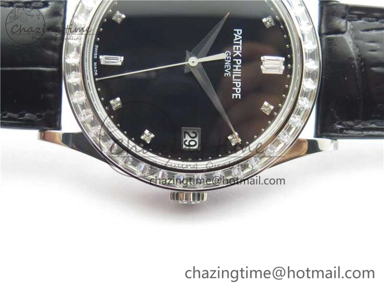 Calatrava 5298P-012 SS T Diamonds Bezel ZF 1:1 Best Edition Black Dial on Black Leather Strap A324CS