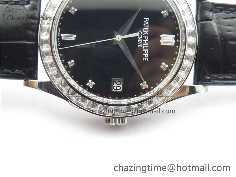 Calatrava 5298P-012 SS T Diamonds Bezel ZF 1:1 Best Edition Black Dial on Black Leather Strap A324CS
