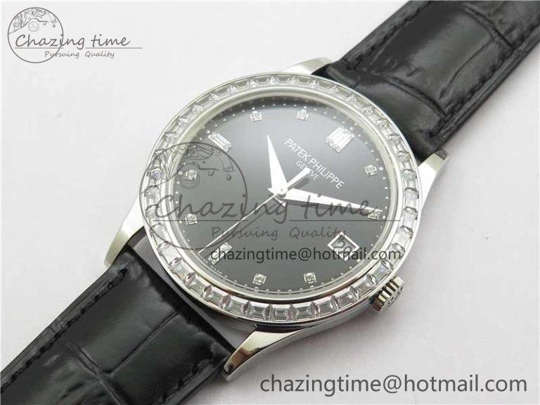 Calatrava 5298P-012 SS T Diamonds Bezel ZF 1:1 Best Edition Black Dial on Black Leather Strap A324CS