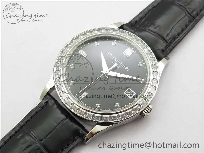 Calatrava 5298P-012 SS T Diamonds Bezel ZF 1:1 Best Edition Black Dial on Black Leather Strap A324CS