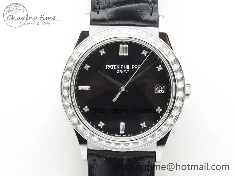 Calatrava 5298P-012 SS T Diamonds Bezel ZF 1:1 Best Edition Black Dial on Black Leather Strap A324CS