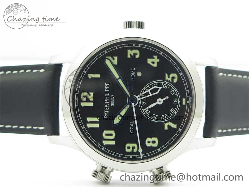 Calatrava 5524 Pilot Travel Time SS GRF Black Dial on Black Leather Strap A324 V2