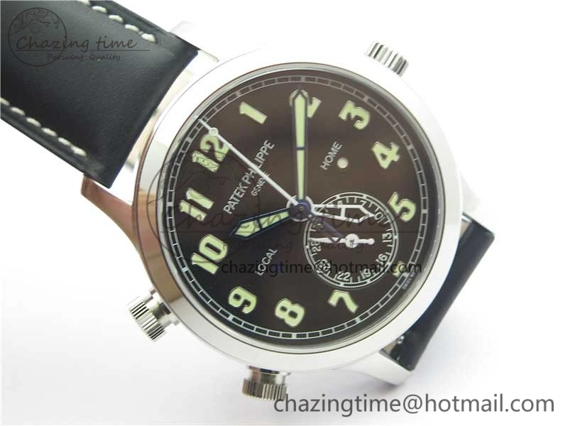 Calatrava 5524 Pilot Travel Time SS GRF Black Dial on Black Leather Strap A324 V2