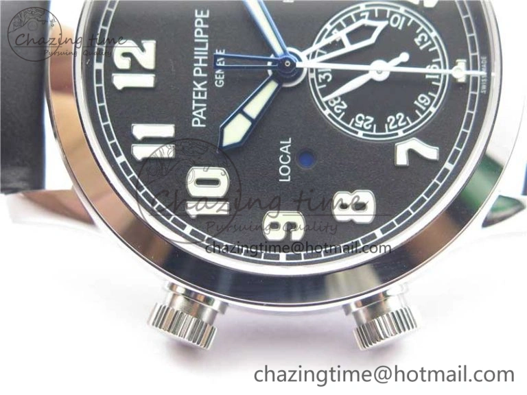 Calatrava 5524 Pilot Travel Time SS GRF Black Dial on Black Leather Strap A324 V2