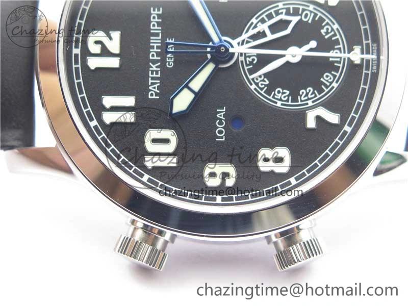 Calatrava 5524 Pilot Travel Time SS GRF Black Dial on Black Leather Strap A324 V2