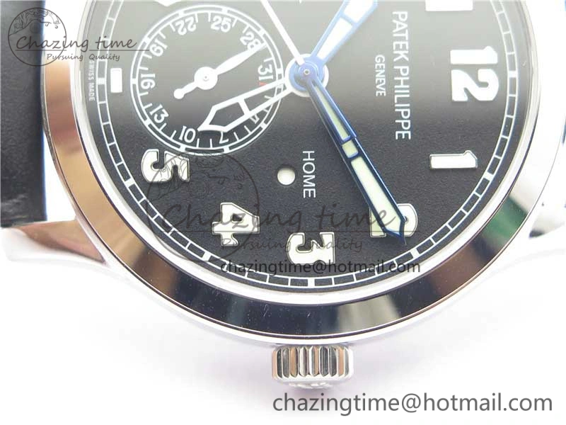 Calatrava 5524 Pilot Travel Time SS GRF Black Dial on Black Leather Strap A324 V2