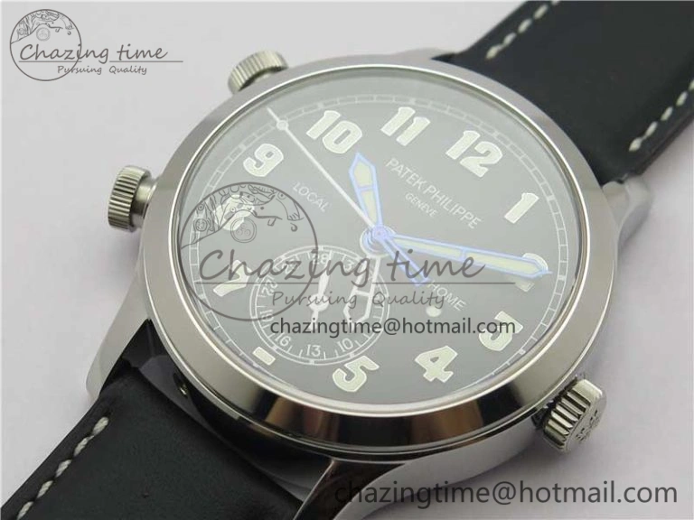 Calatrava 5524 Pilot Travel Time SS GRF Black Dial on Black Leather Strap A324 V2