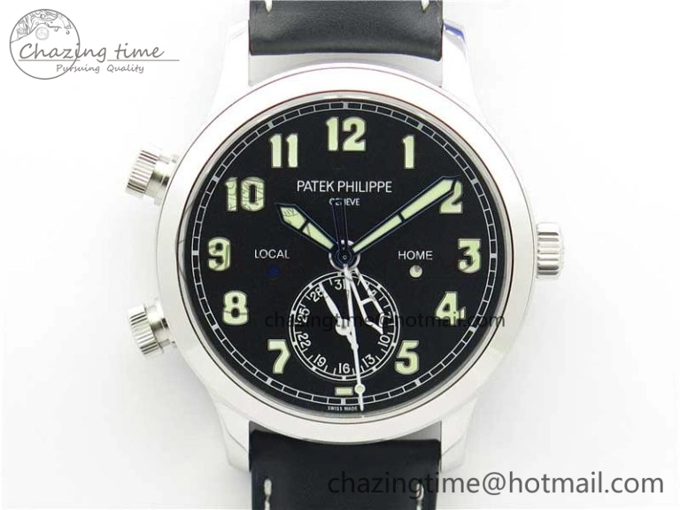 Calatrava 5524 Pilot Travel Time SS GRF Black Dial on Black Leather Strap A324 V2