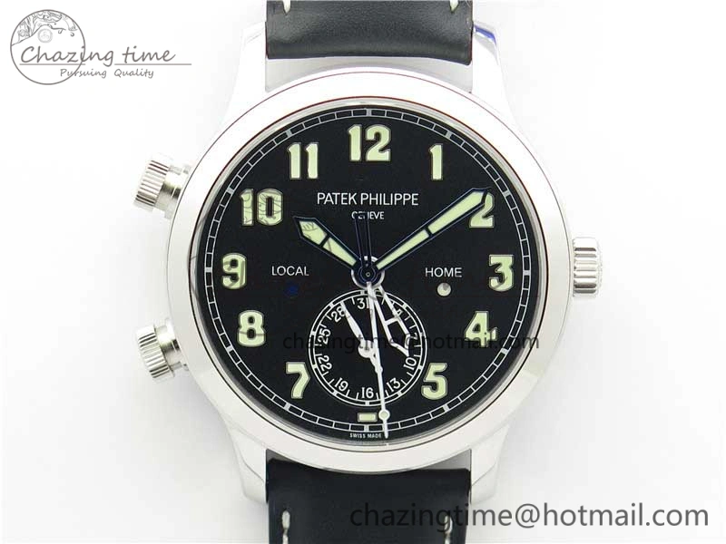 Calatrava 5524 Pilot Travel Time SS GRF Black Dial on Black Leather Strap A324 V2