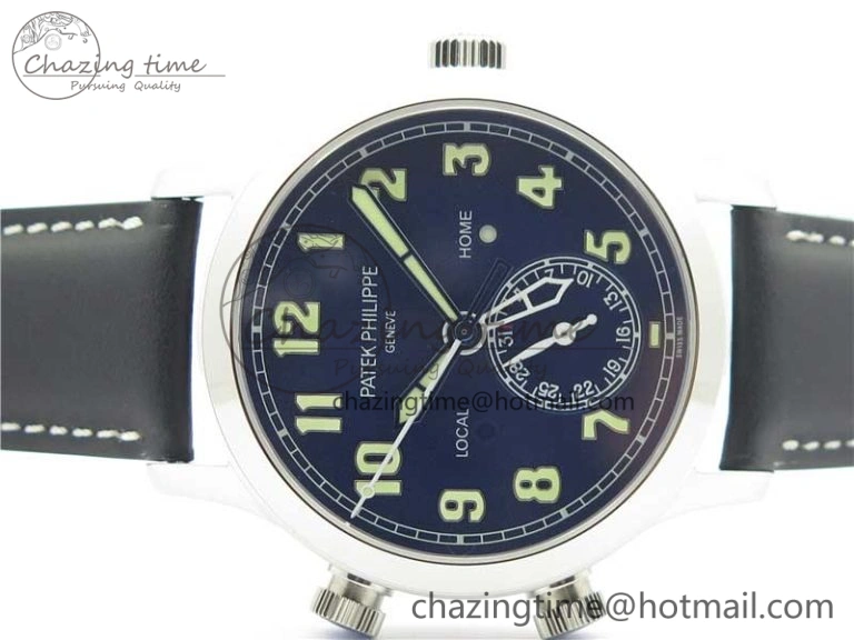 Calatrava 5524 Pilot Travel Time SS GRF Blue Dial on Black Leather Strap A324 V2