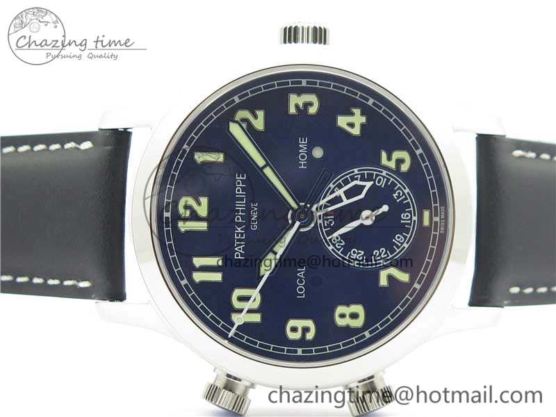 Calatrava 5524 Pilot Travel Time SS GRF Blue Dial on Black Leather Strap A324 V2
