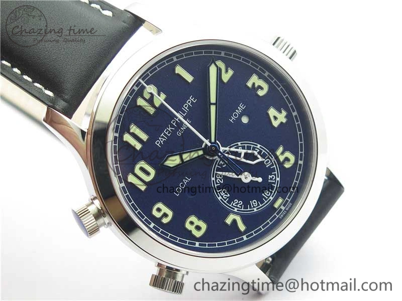 Calatrava 5524 Pilot Travel Time SS GRF Blue Dial on Black Leather Strap A324 V2