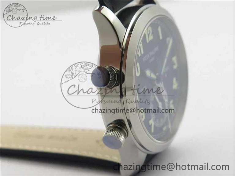 Calatrava 5524 Pilot Travel Time SS GRF Blue Dial on Black Leather Strap A324 V2
