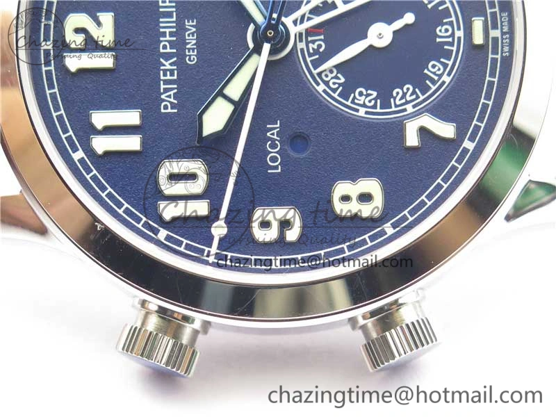 Calatrava 5524 Pilot Travel Time SS GRF Blue Dial on Black Leather Strap A324 V2