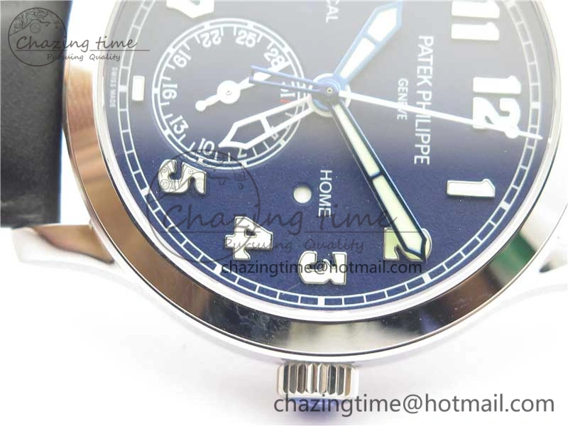 Calatrava 5524 Pilot Travel Time SS GRF Blue Dial on Black Leather Strap A324 V2
