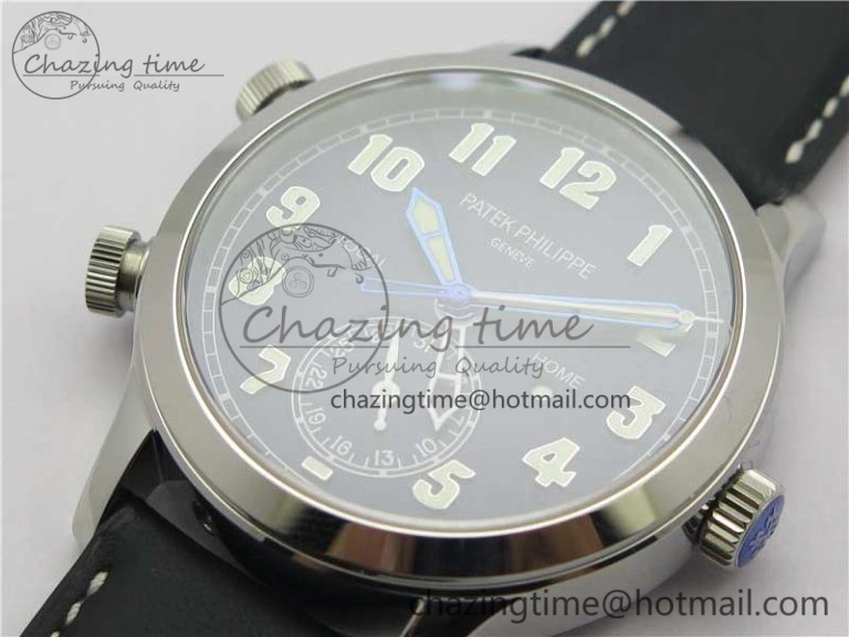 Calatrava 5524 Pilot Travel Time SS GRF Blue Dial on Black Leather Strap A324 V2