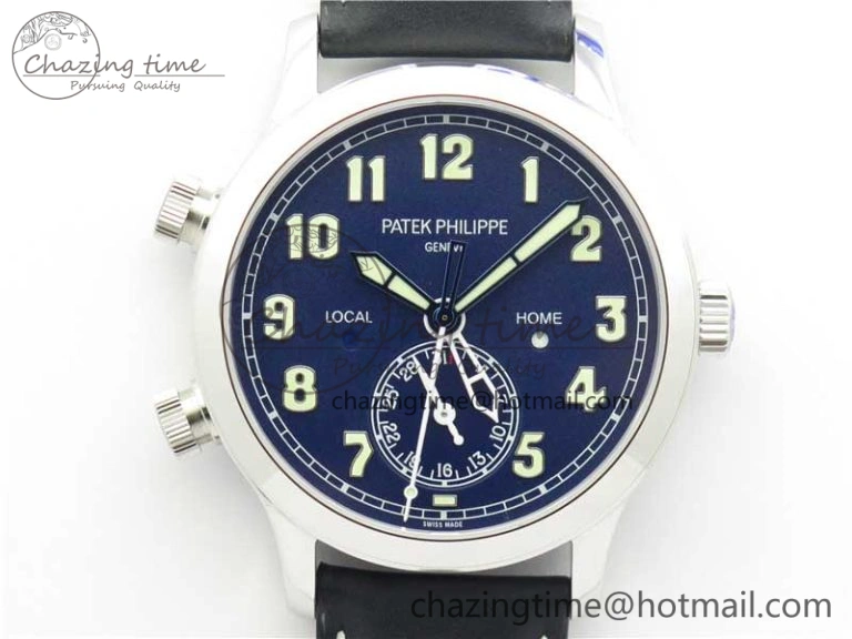 Calatrava 5524 Pilot Travel Time SS GRF Blue Dial on Black Leather Strap A324 V2