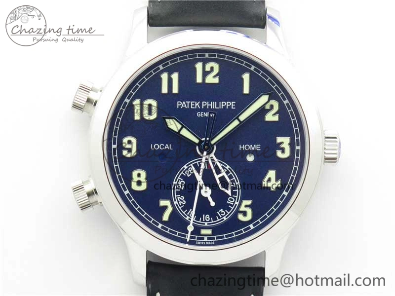 Calatrava 5524 Pilot Travel Time SS GRF Blue Dial on Black Leather Strap A324 V2