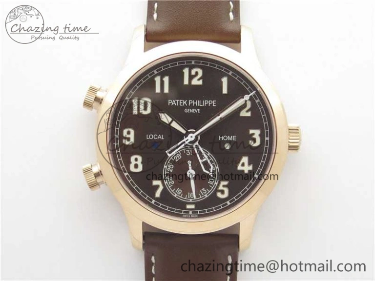 Calatrava 5524R Pilot Travel Time RG GRF Brown Dial on Brown Leather Strap MIYOTA 9015