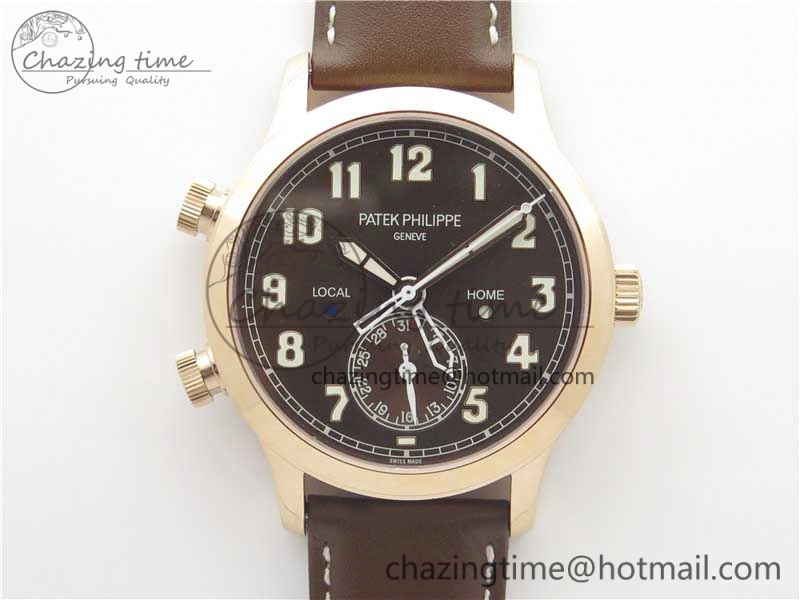 Calatrava 5524R Pilot Travel Time RG GRF Brown Dial on Brown Leather Strap MIYOTA 9015