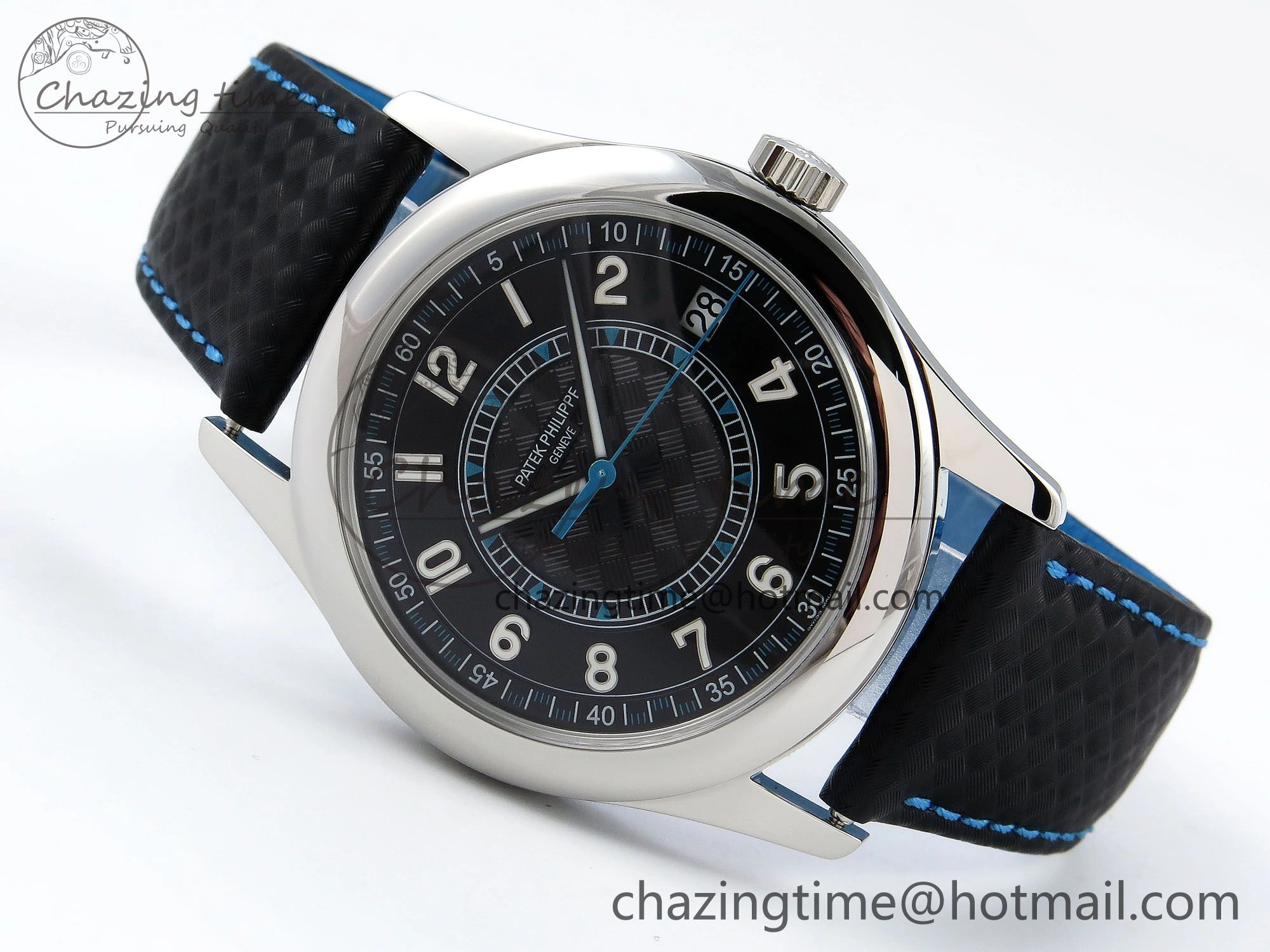 Calatrava 6007G SS PPF 1:1 Best Edition Black Blue Dial on Black Leather Strap 330CS