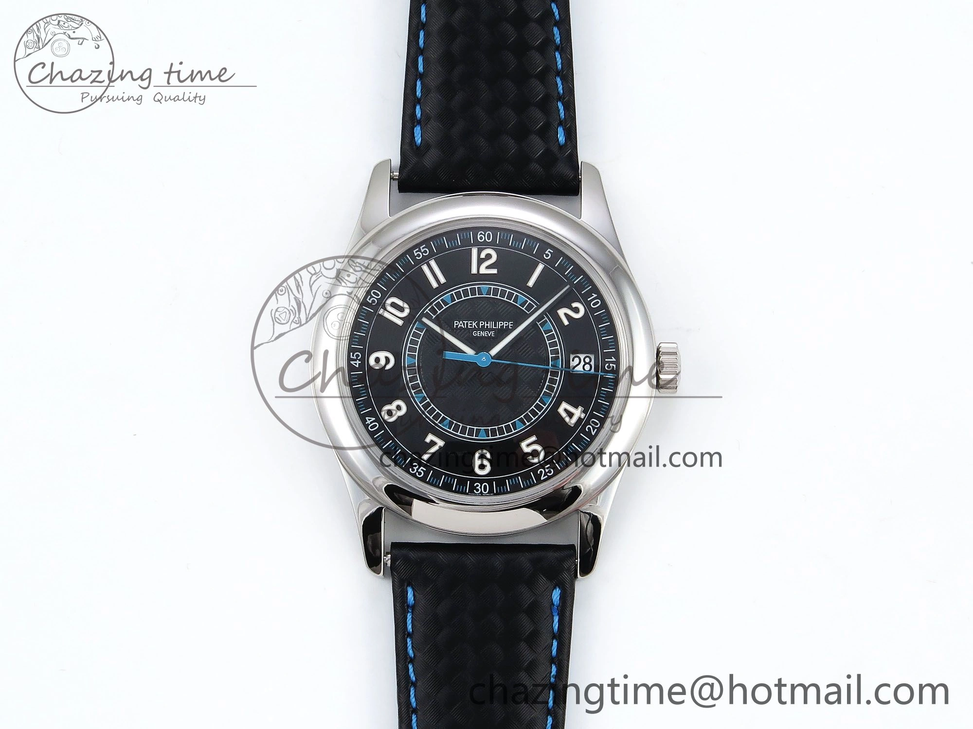 Calatrava 6007G SS PPF 1:1 Best Edition Black Blue Dial on Black Leather Strap 330CS