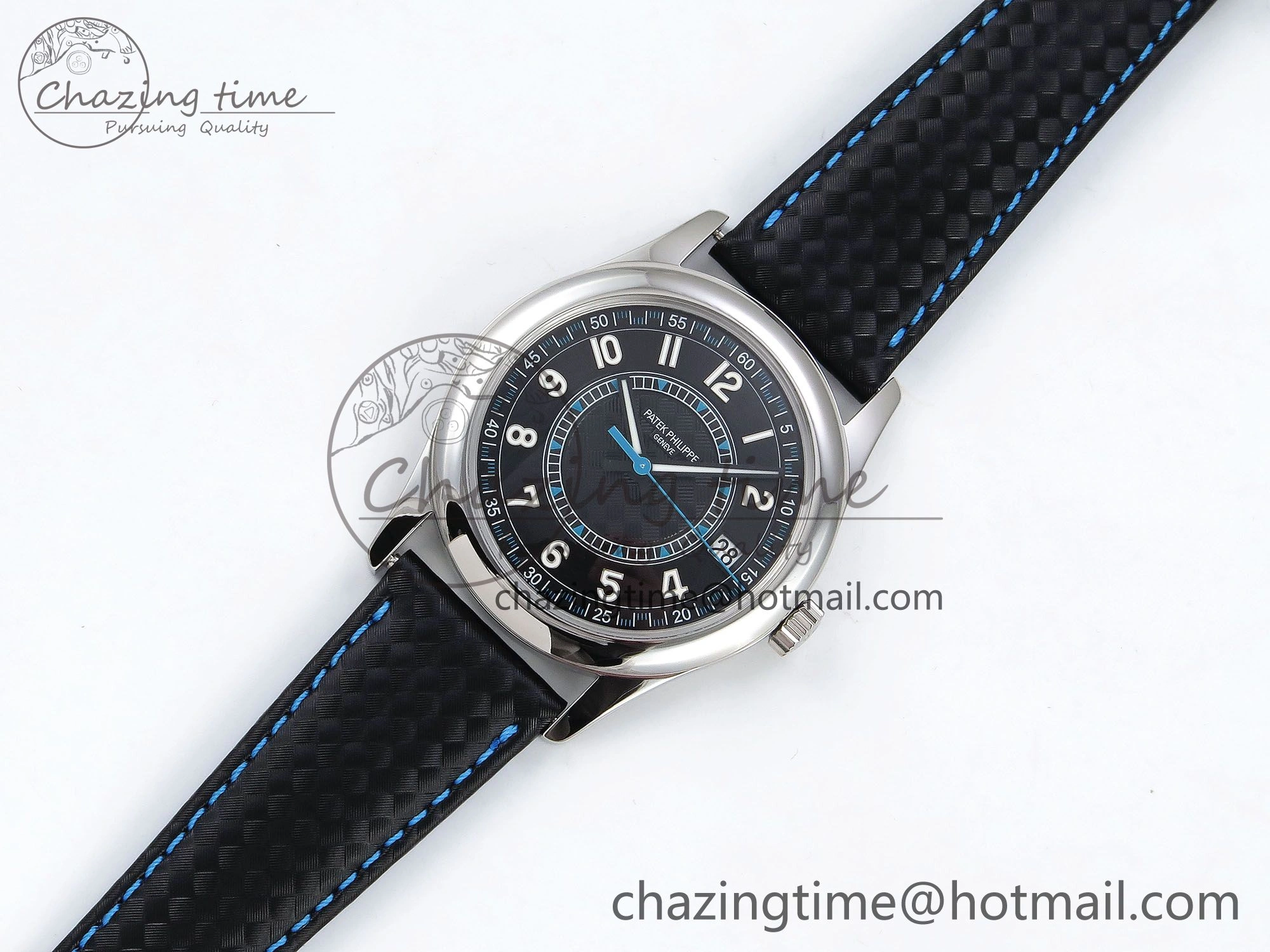 Calatrava 6007G SS PPF 1:1 Best Edition Black Blue Dial on Black Leather Strap 330CS