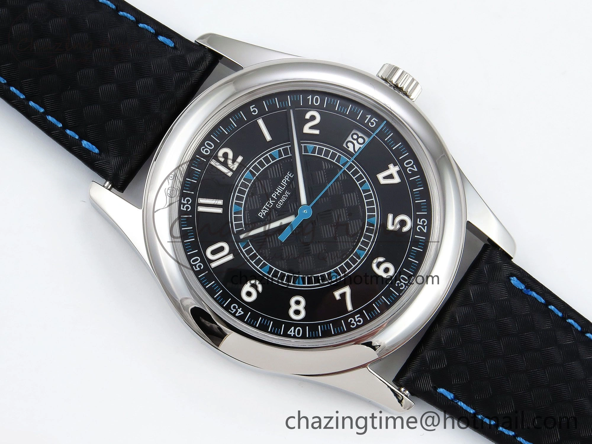 Calatrava 6007G SS PPF 1:1 Best Edition Black Blue Dial on Black Leather Strap 330CS