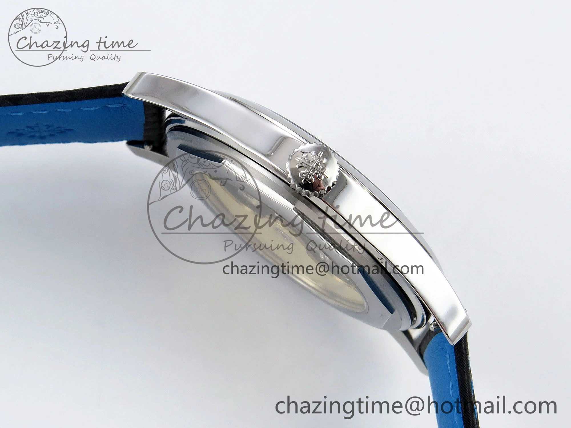 Calatrava 6007G SS PPF 1:1 Best Edition Black Blue Dial on Black Leather Strap 330CS