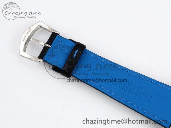 Calatrava 6007G SS PPF 1:1 Best Edition Black Blue Dial on Black Leather Strap 330CS