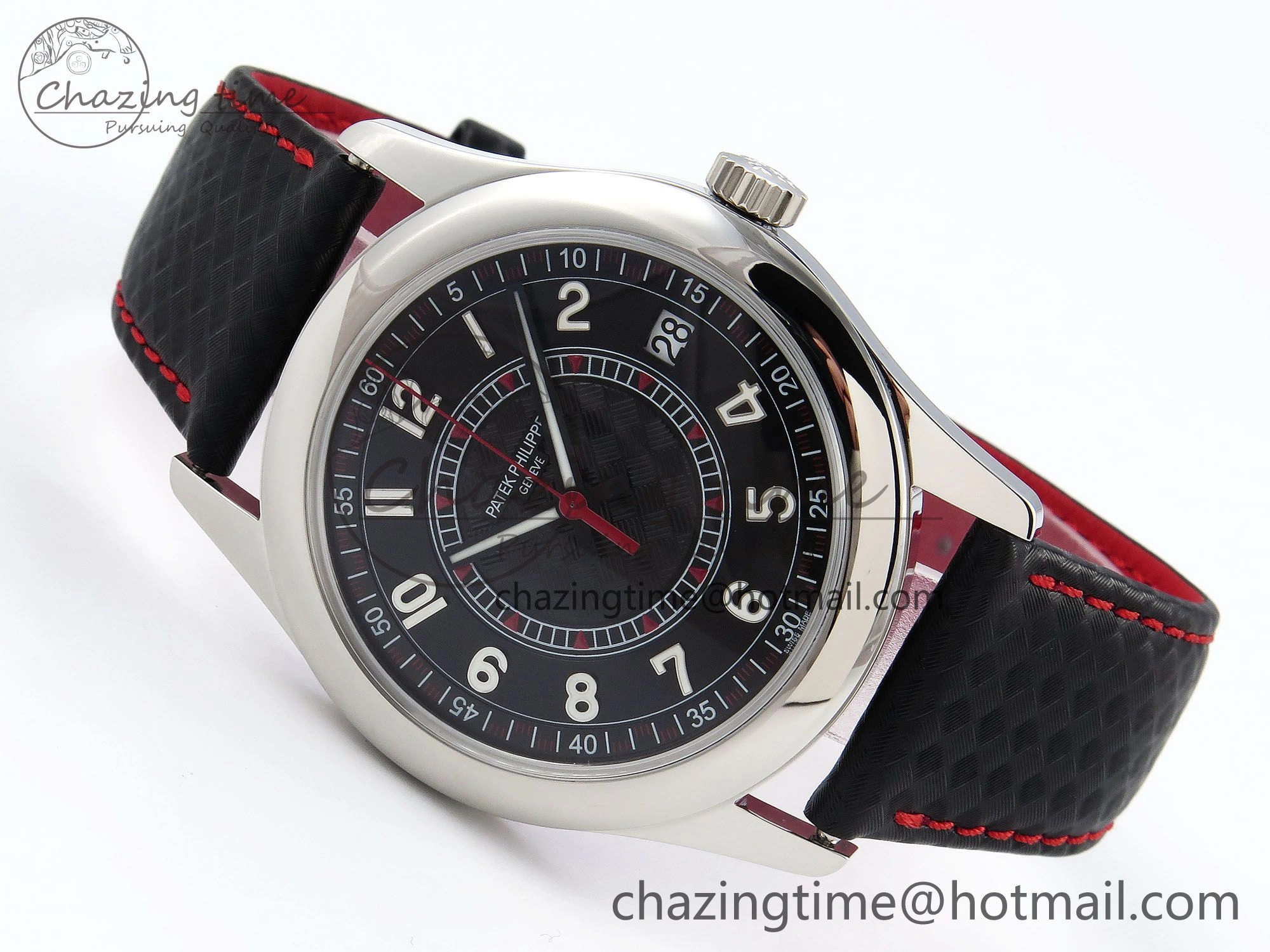 Calatrava 6007G SS PPF 1:1 Best Edition Black Red Dial on Black Leather Strap 330CS