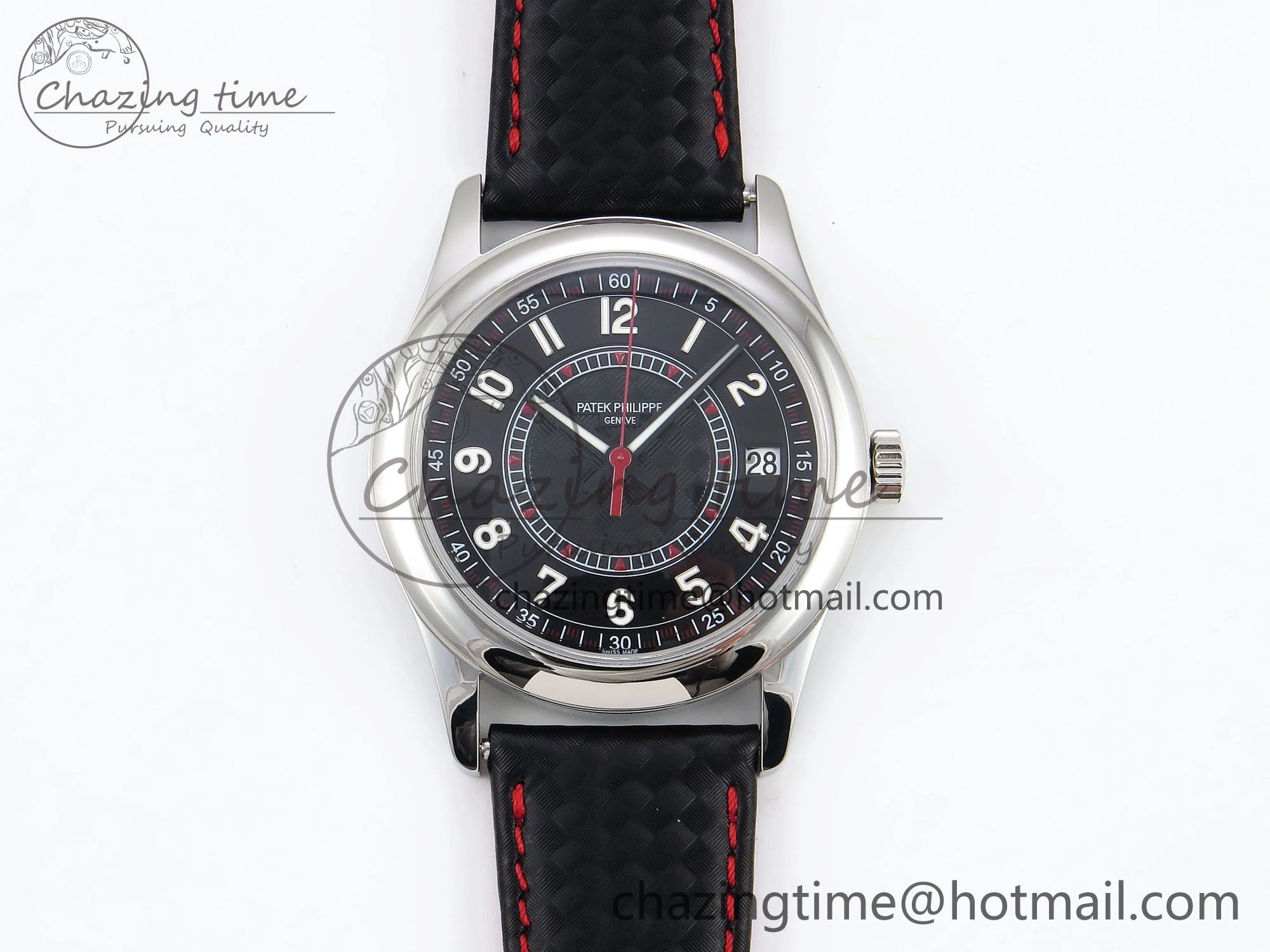 Calatrava 6007G SS PPF 1:1 Best Edition Black Red Dial on Black Leather Strap 330CS