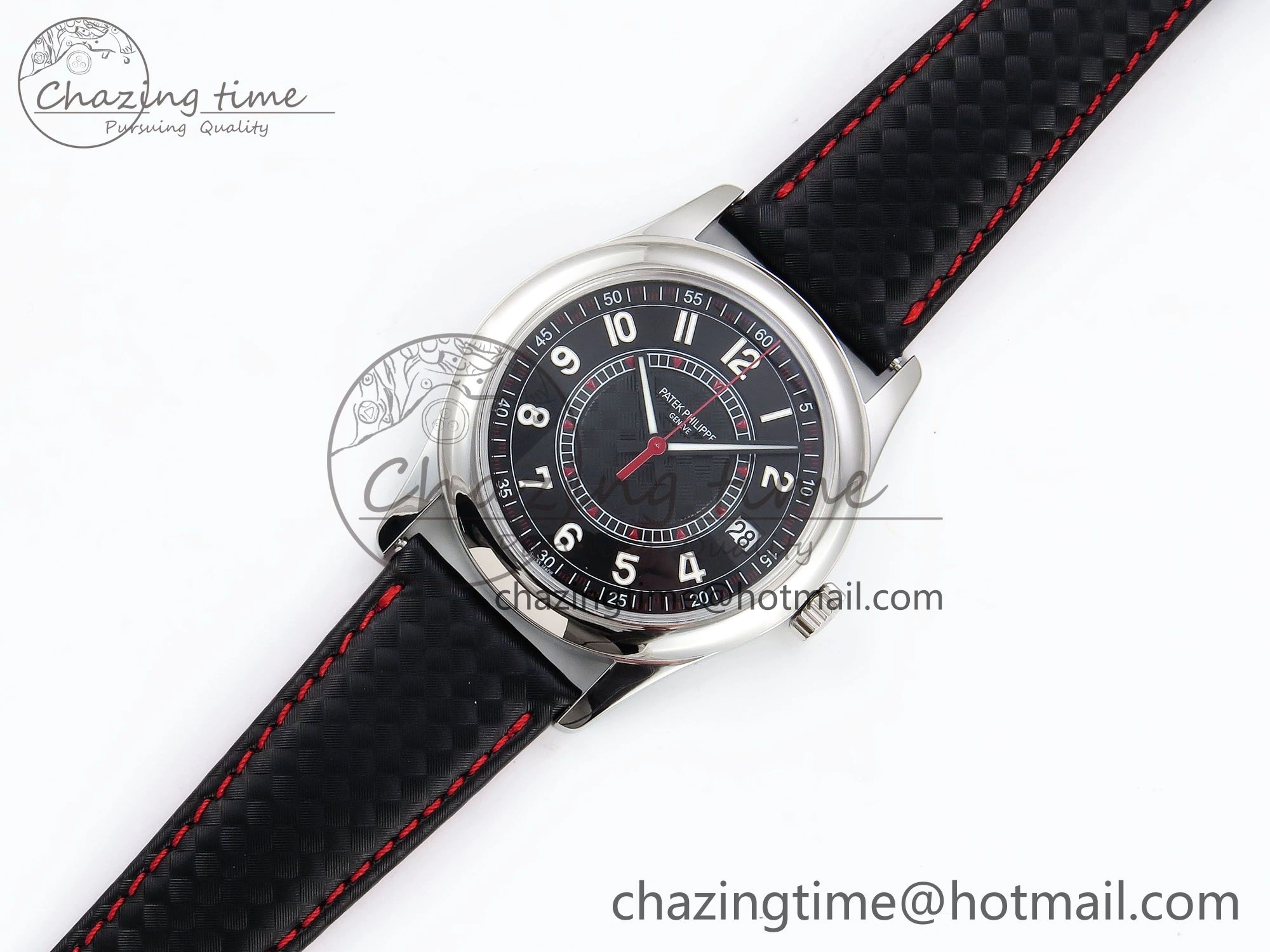 Calatrava 6007G SS PPF 1:1 Best Edition Black Red Dial on Black Leather Strap 330CS