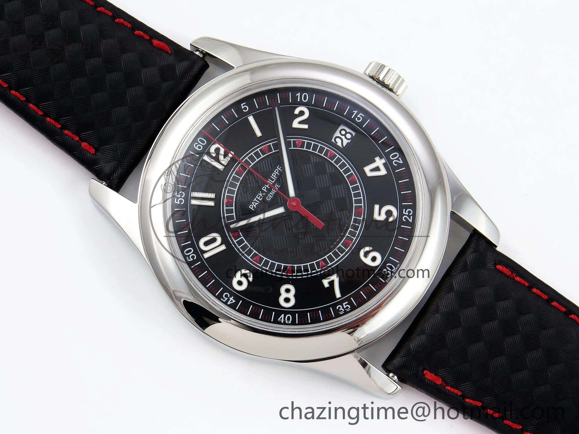 Calatrava 6007G SS PPF 1:1 Best Edition Black Red Dial on Black Leather Strap 330CS