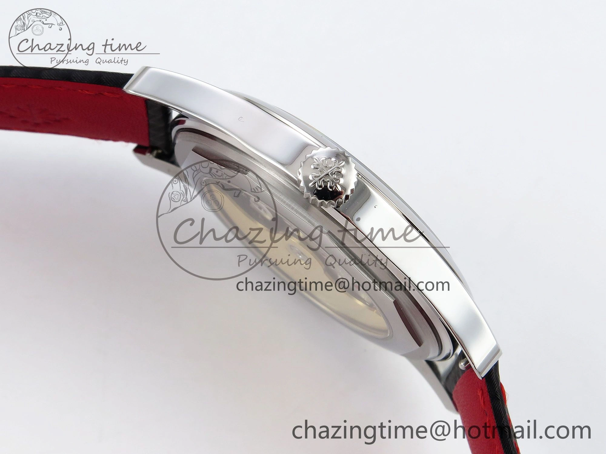 Calatrava 6007G SS PPF 1:1 Best Edition Black Red Dial on Black Leather Strap 330CS