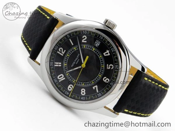 Calatrava 6007G SS PPF 1:1 Best Edition Black Yellow Dial on Black Leather Strap 330CS