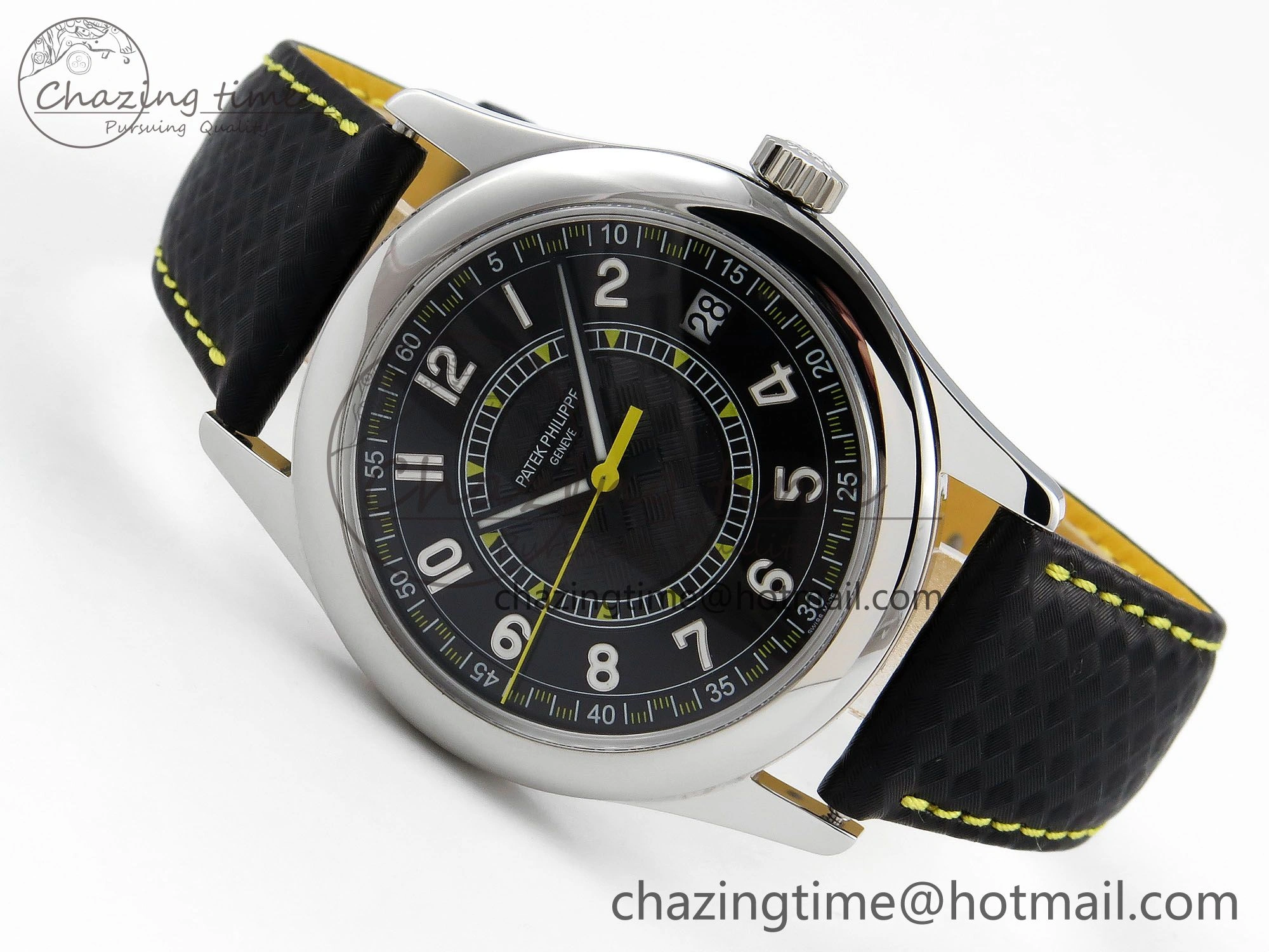 Calatrava 6007G SS PPF 1:1 Best Edition Black Yellow Dial on Black Leather Strap 330CS