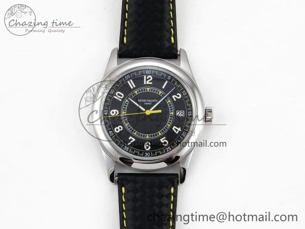 Calatrava 6007G SS PPF 1:1 Best Edition Black Yellow Dial on Black Leather Strap 330CS