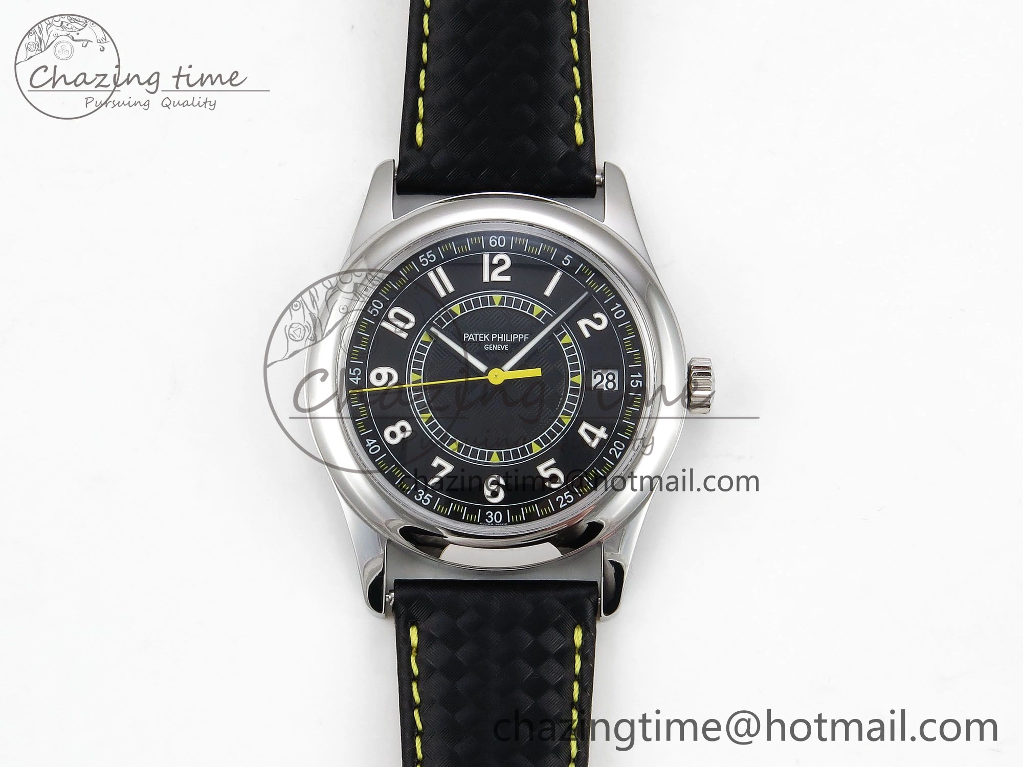 Calatrava 6007G SS PPF 1:1 Best Edition Black Yellow Dial on Black Leather Strap 330CS