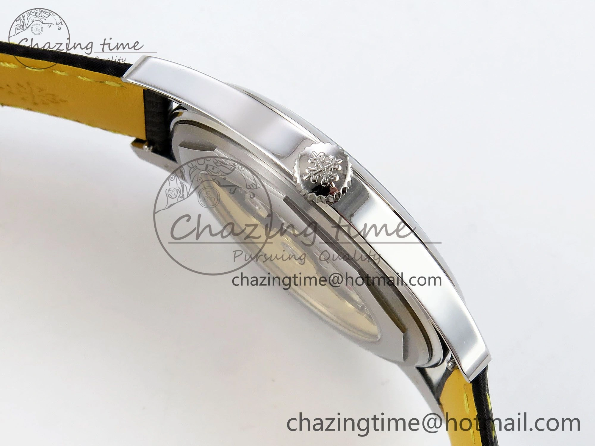 Calatrava 6007G SS PPF 1:1 Best Edition Black Yellow Dial on Black Leather Strap 330CS