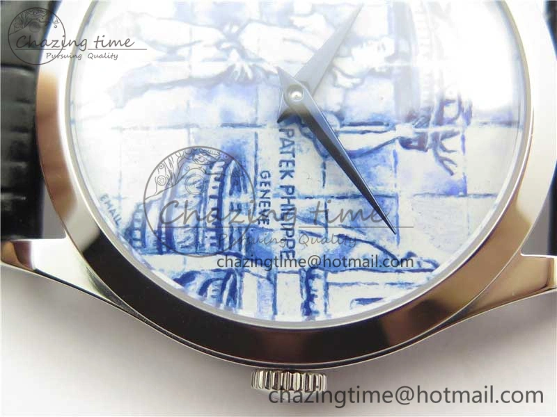 Calatrava Azulejos SS 5089G-61 FL Enamel Dial on Black Leather Strap
