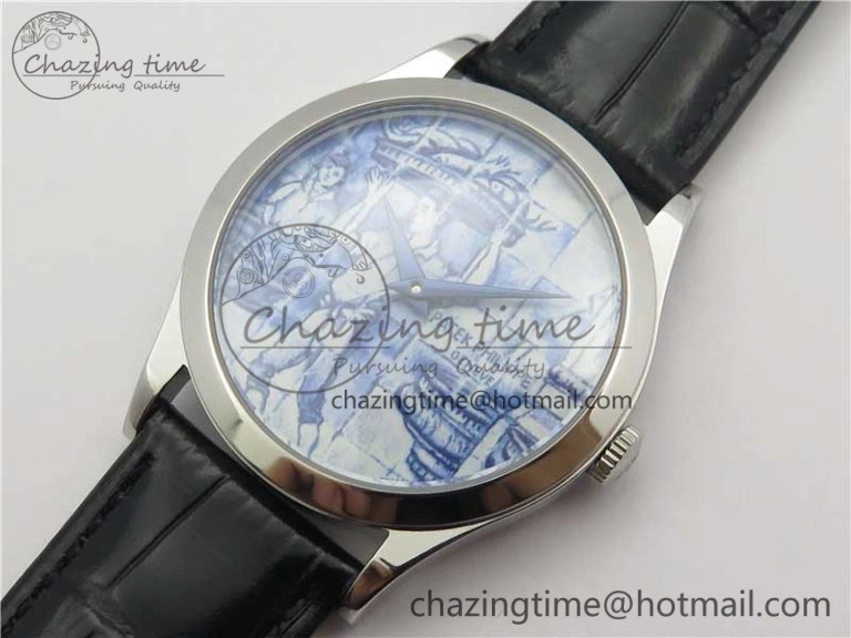 Calatrava Azulejos SS 5089G-61 FL Enamel Dial on Black Leather Strap