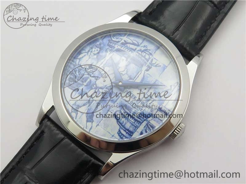 Calatrava Azulejos SS 5089G-61 FL Enamel Dial on Black Leather Strap