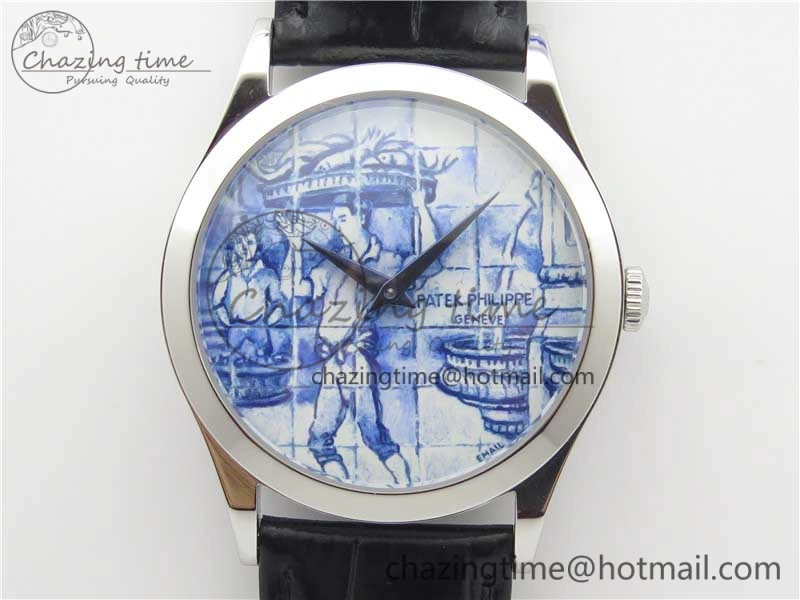 Calatrava Azulejos SS 5089G-61 FL Enamel Dial on Black Leather Strap
