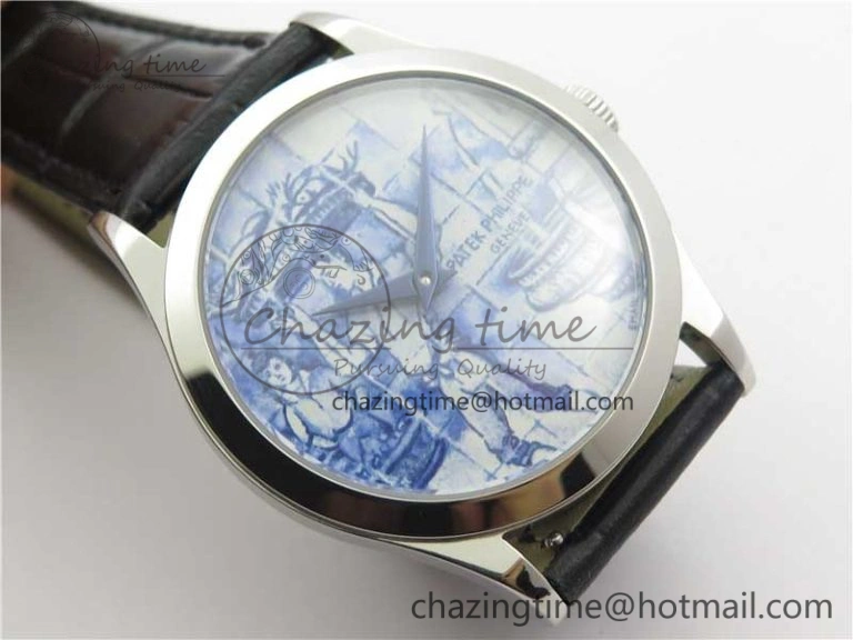 Calatrava Azulejos SS 5089G-61 FL Enamel Dial on Black Leather Strap