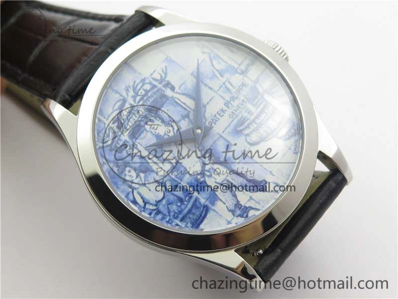 Calatrava Azulejos SS 5089G-61 FL Enamel Dial on Black Leather Strap